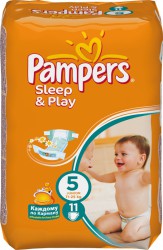 Подгузники 11 шт. Pampers слип энд плей джуниор ромашка 11-18 кг р. 5